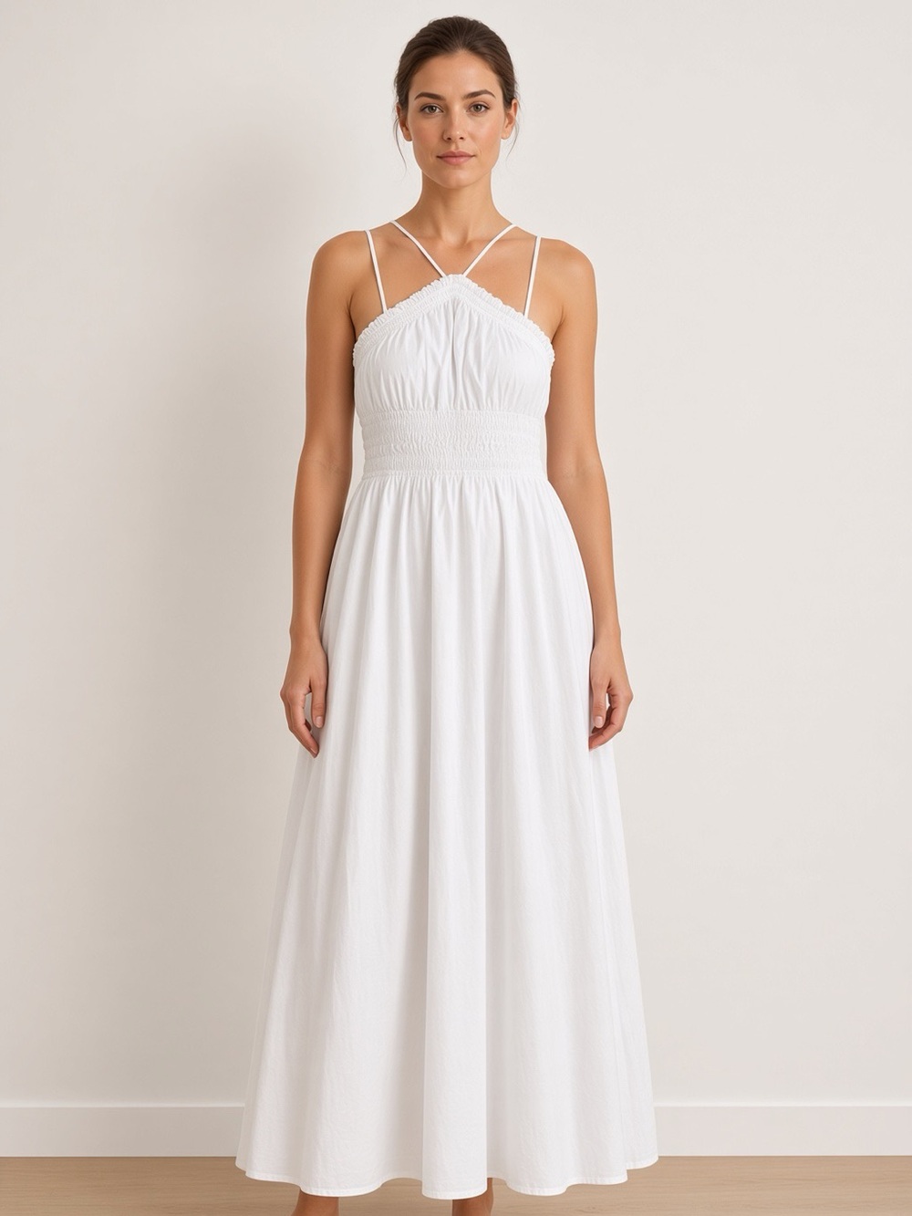 Mango White Smocked Halter Maxi Dress Cross Back Straps